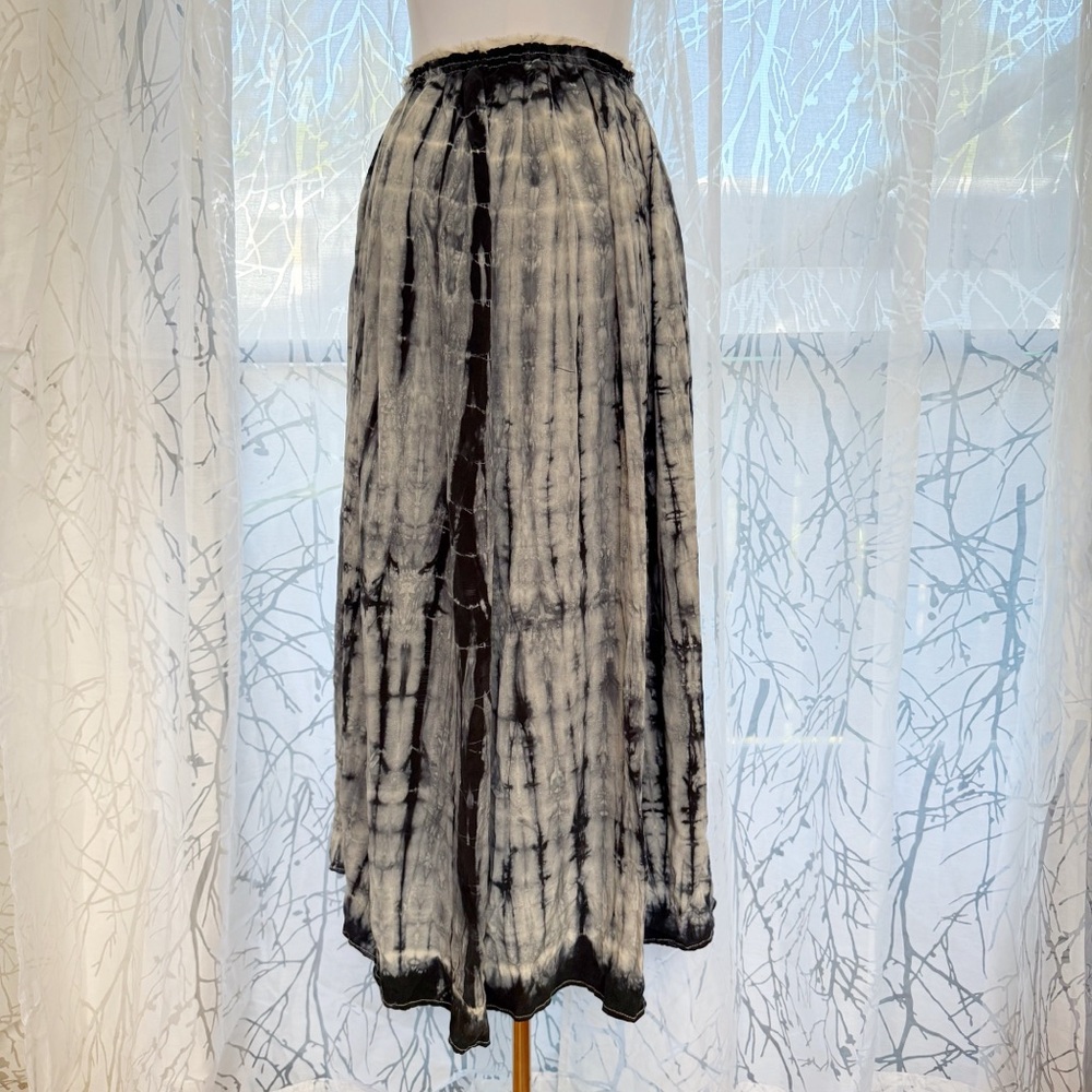 ULLA JOHNSON BLACK GRAY TIEDYE PRINT ELASTIC WAIST SILK MAXI SKIRT - Picture 5 of 10